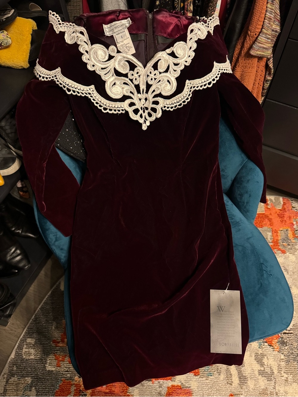 Insane Designer Whimsigoth Velvet Lace 1990’s Burgundy Deadstock Velvet Dress ♥️ - Picture 5 of 15